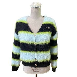 Denim & Butterfly Fuzzy Striped Button Cardigan Sweater Medium